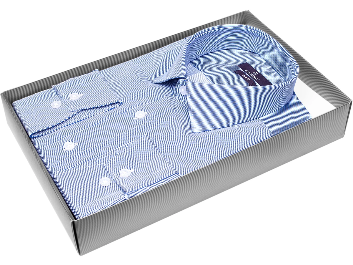 Яркая мужская рубашка Poggino 7013-42 рукав длинный силуэт приталенный стиль классический цвет синий в полоску 100% хлопок