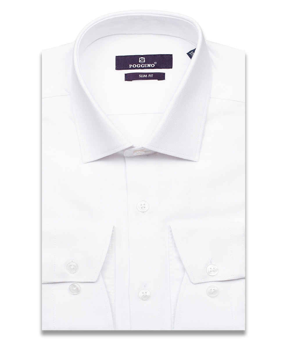 Белая приталенная мужская рубашка Poggino 7013-47 с длинными рукавами