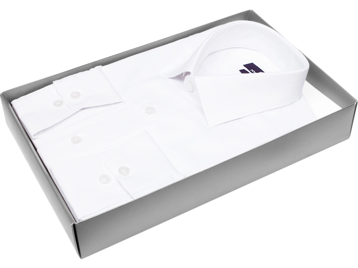 Брендовая мужская рубашка Poggino 7013-47 силуэт приталенный стиль классический цвет белый однотонный 100% хлопок