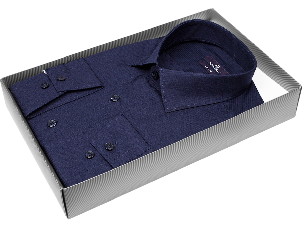 Темно-синяя приталенная мужская рубашка Poggino 7013-94 в полоску с длинными рукавами