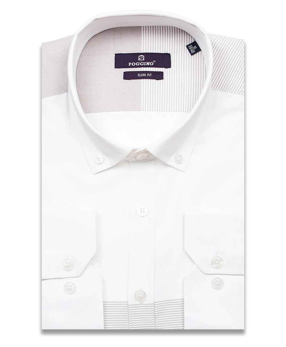 Белая комбинированная мужская рубашка Poggino 7013-003 в полоску с длинными рукавами