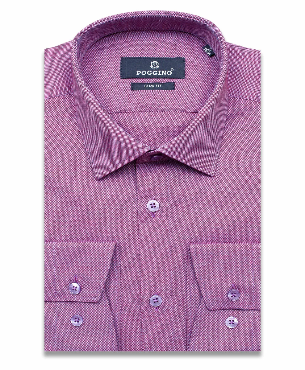 Бордовая приталенная мужская рубашка Poggino 5010-24 с длинными рукавами