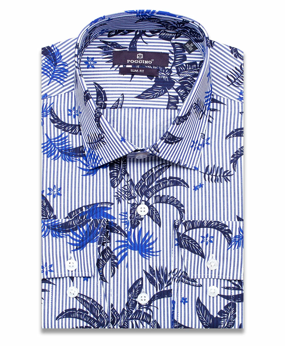 Синяя приталенная мужская рубашка Poggino 7013-89 в полоску и листьях с длинным рукавом