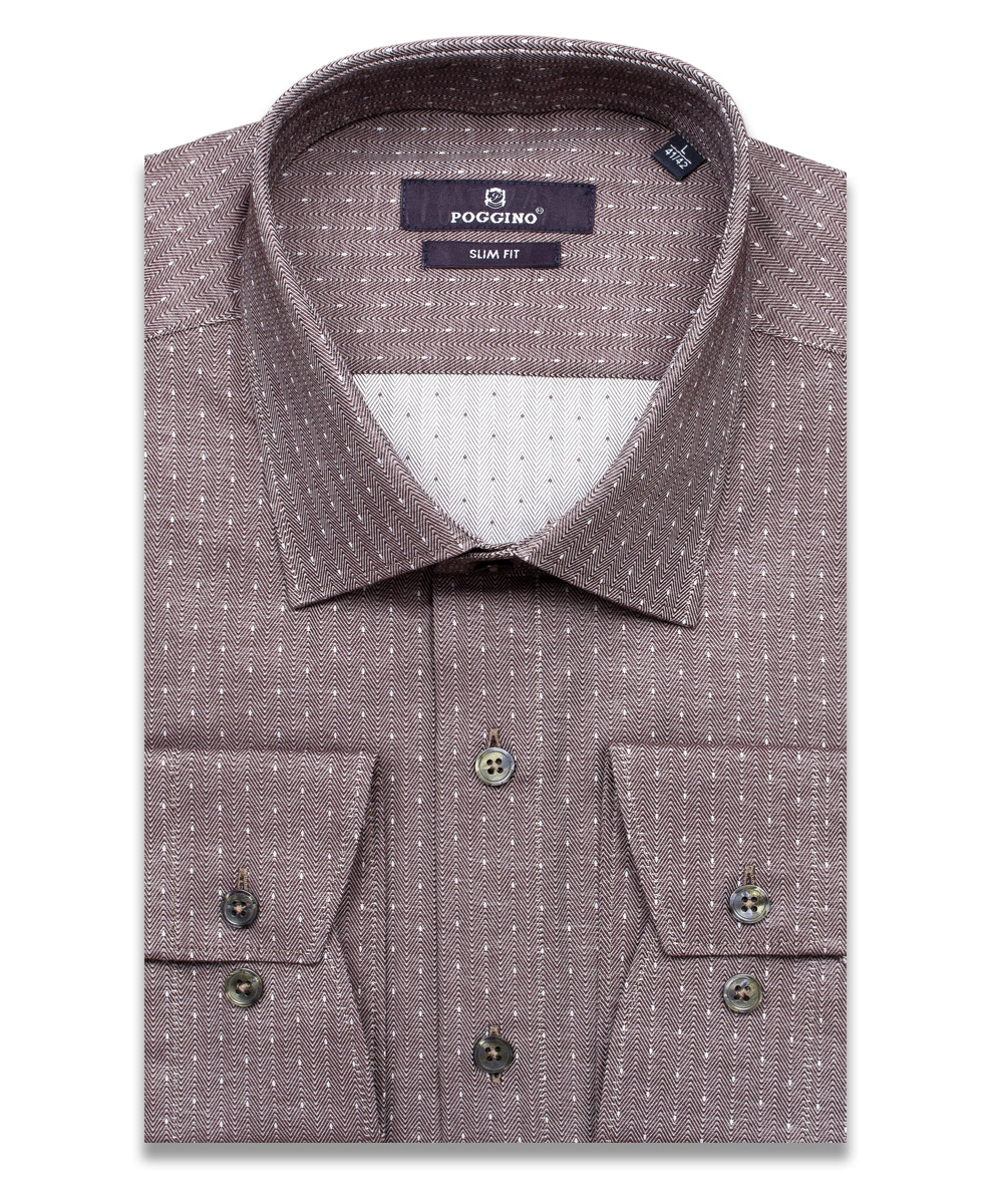 Коричневая приталенная мужская рубашка Poggino 7013-87 в полоску с длинными рукавами