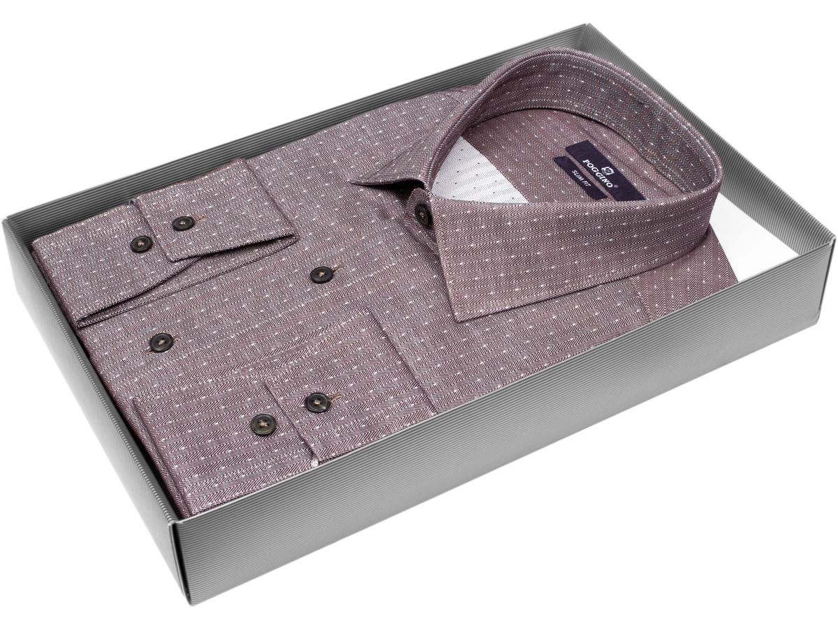Коричневая приталенная мужская рубашка Poggino 7013-87 в полоску с длинными рукавами купить в Москве недорого