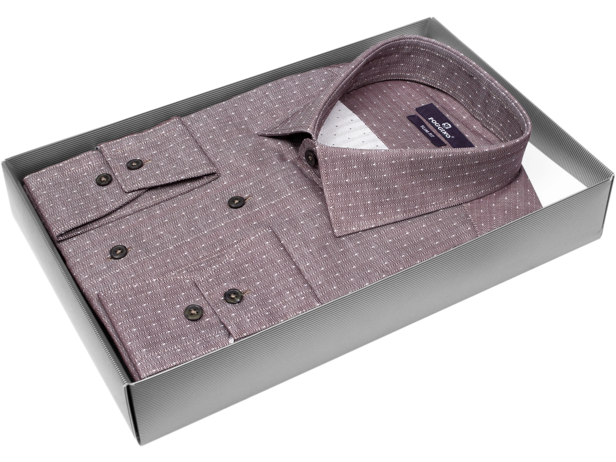 Модная молодежная рубашка Poggino 7013-87 рукав длинный силуэт приталенный стиль классический цвет коричневый в полоску 100% хлопок