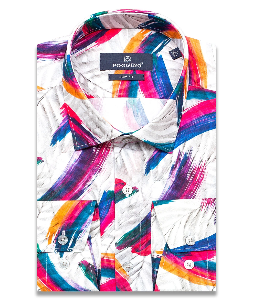 Разноцветная приталенная мужская рубашка Poggino 5010-08 в абстракции с длинными рукавами