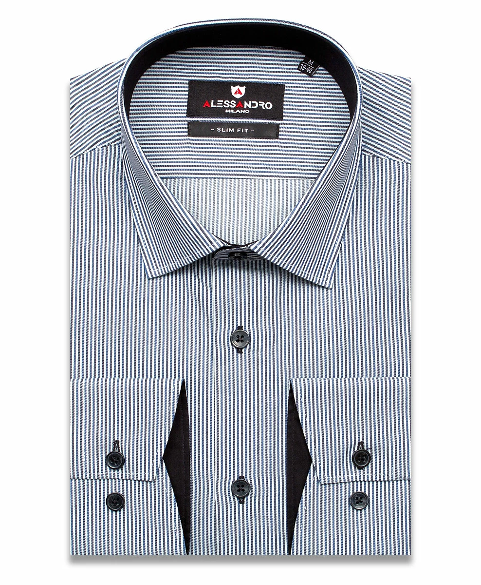 Серая приталенная мужская рубашка Alessandro Milano 3001-23м в полоску с длинными рукавами