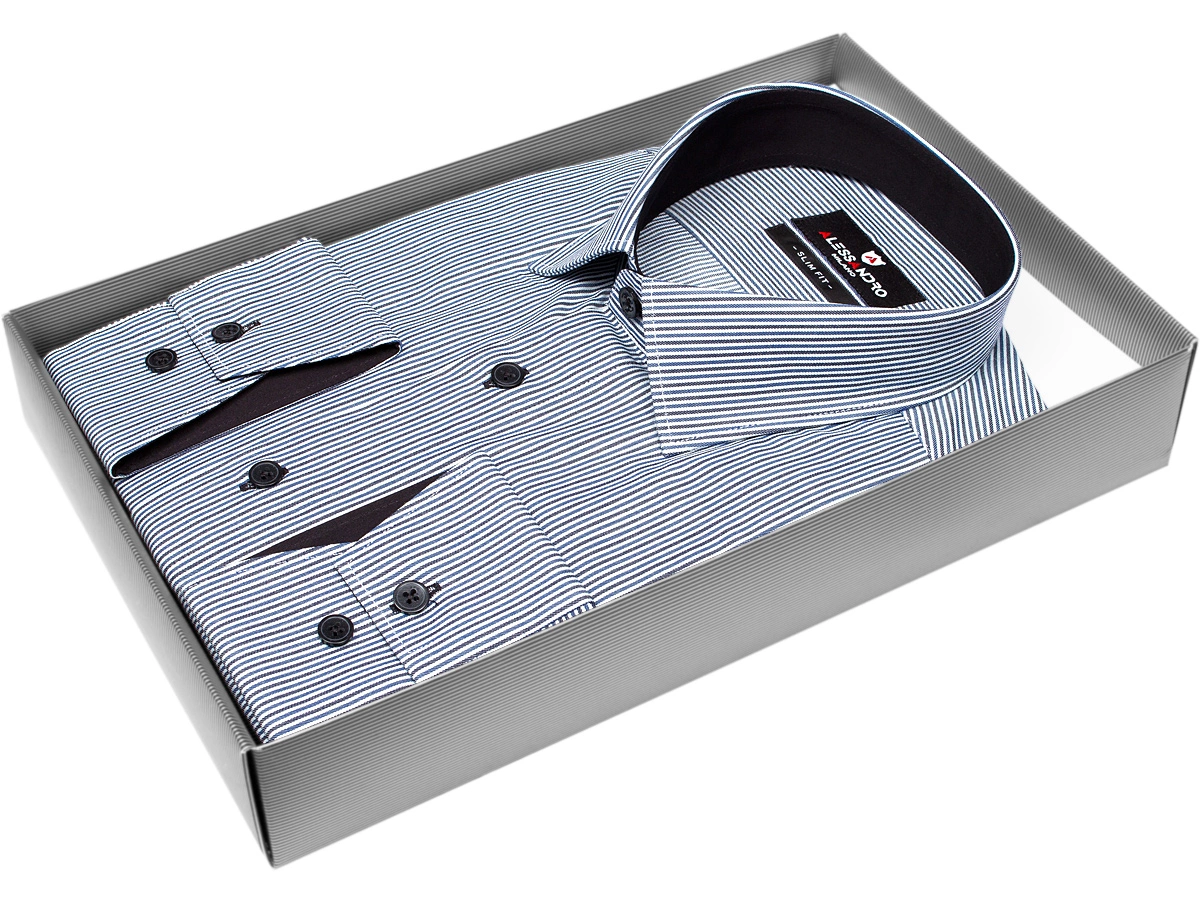 Брендовая мужская рубашка Alessandro Milano 3001-23м силуэт приталенный стиль классический цвет серый в полоску 100% хлопок