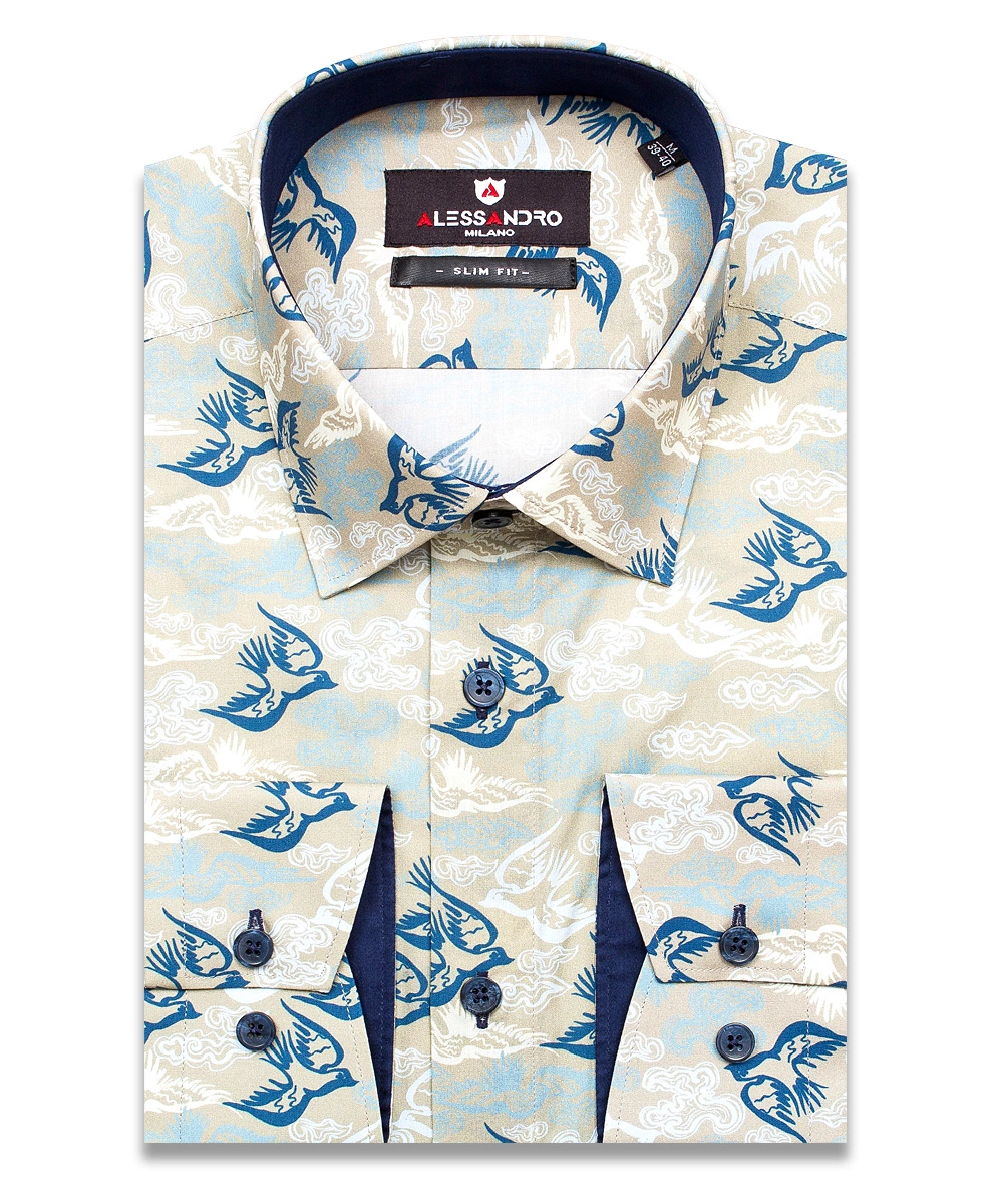 Бежевая приталенная мужская рубашка Alessandro Milano 3001-63м в птицах с длинными рукавами