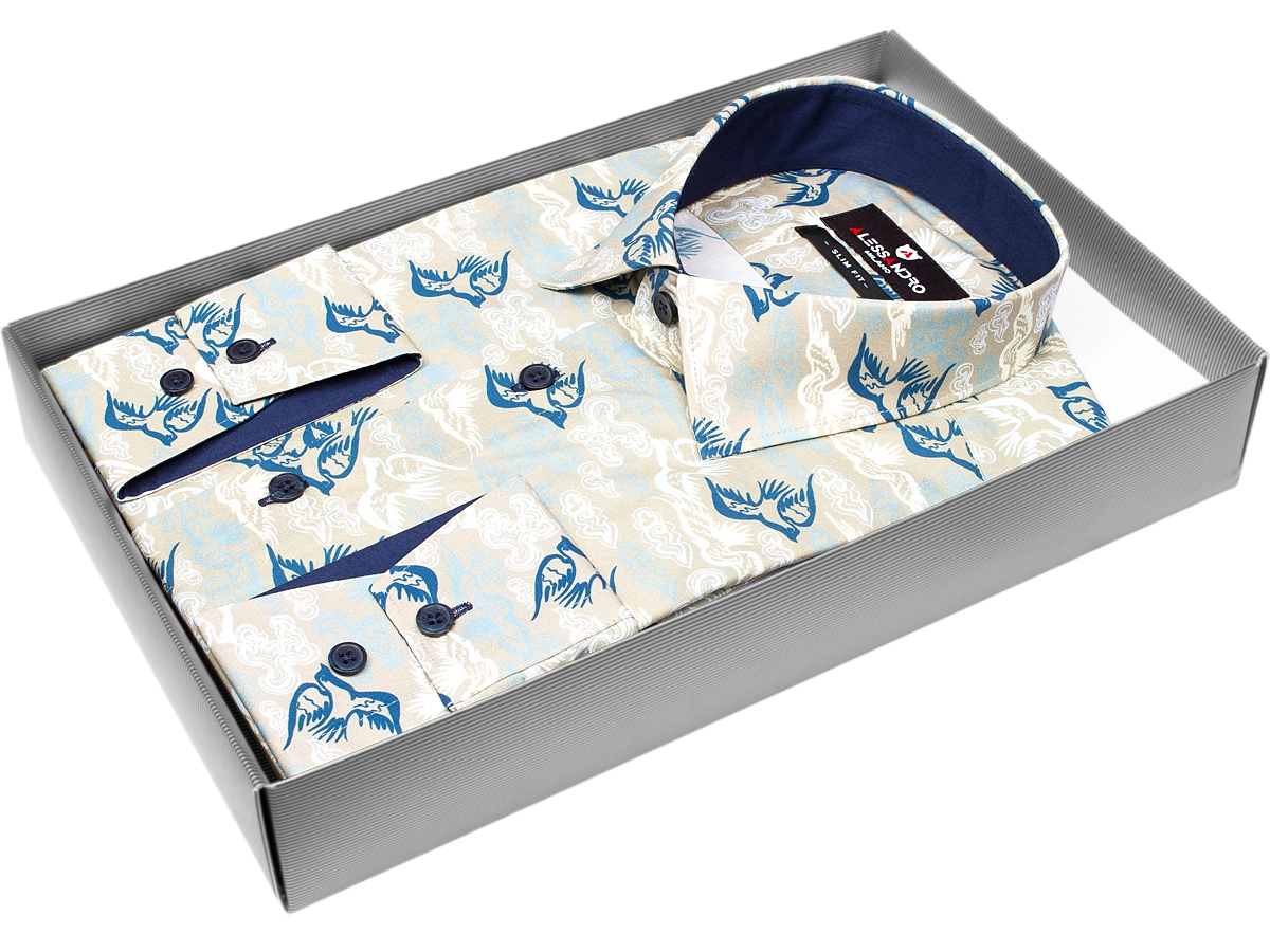 Бежевая приталенная мужская рубашка Alessandro Milano 3001-63м в птицах с длинными рукавами купить в Москве недорого