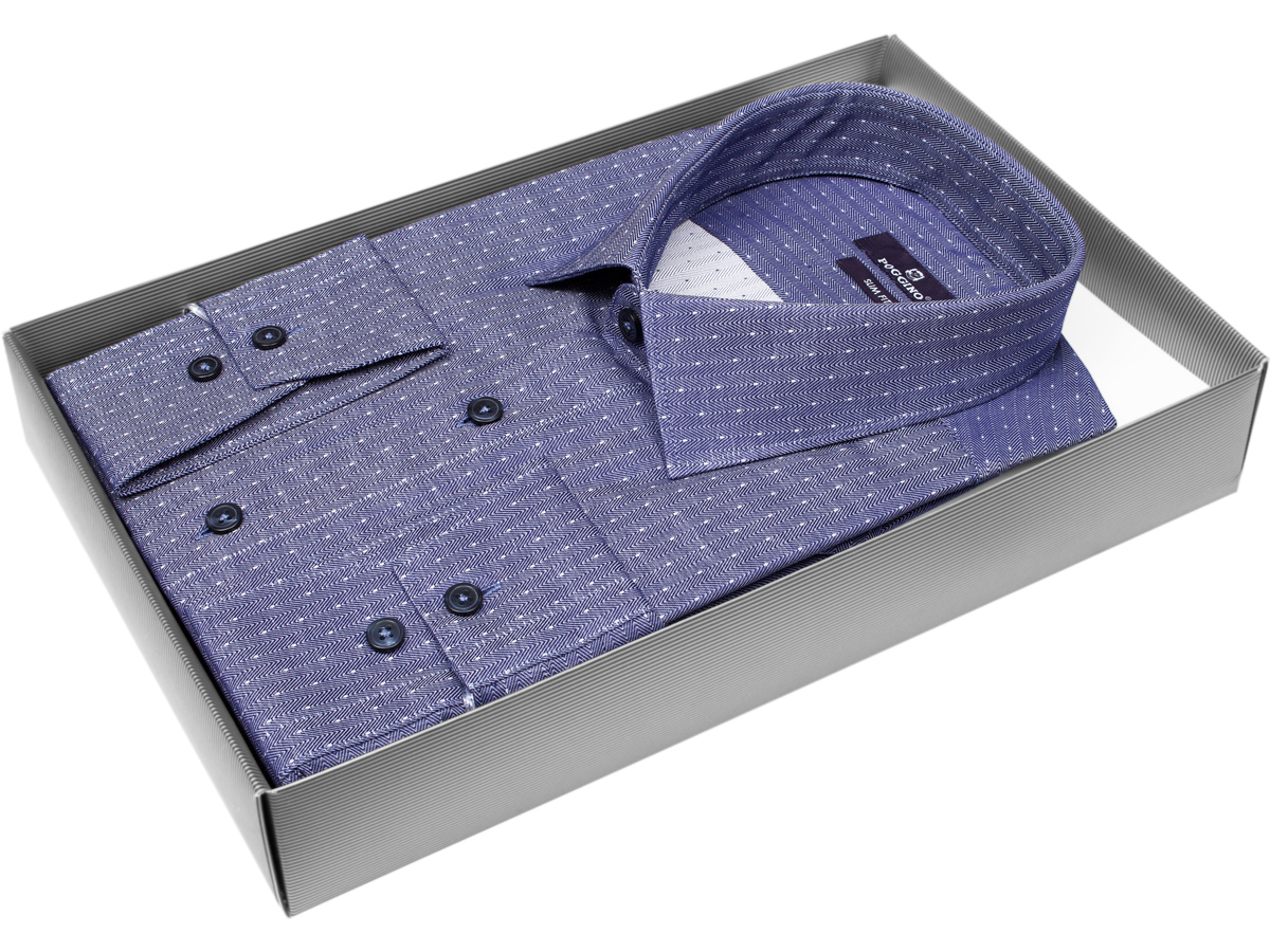 Синяя приталенная мужская рубашка Poggino 7013-92 в полоску с длинным рукавом купить в Москве недорого