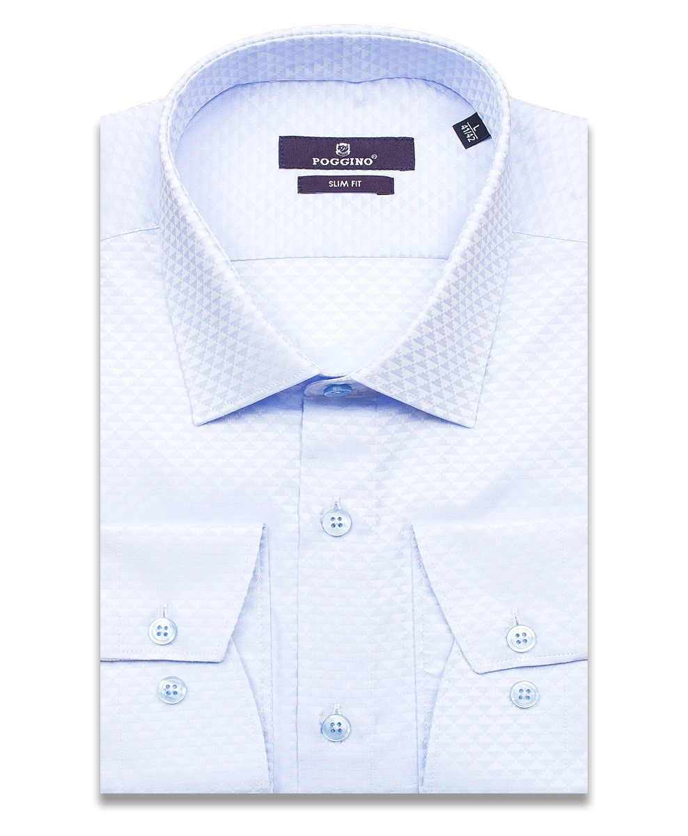 Голубая приталенная мужская рубашка Poggino 7013-79 в ромбах с длинными рукавами