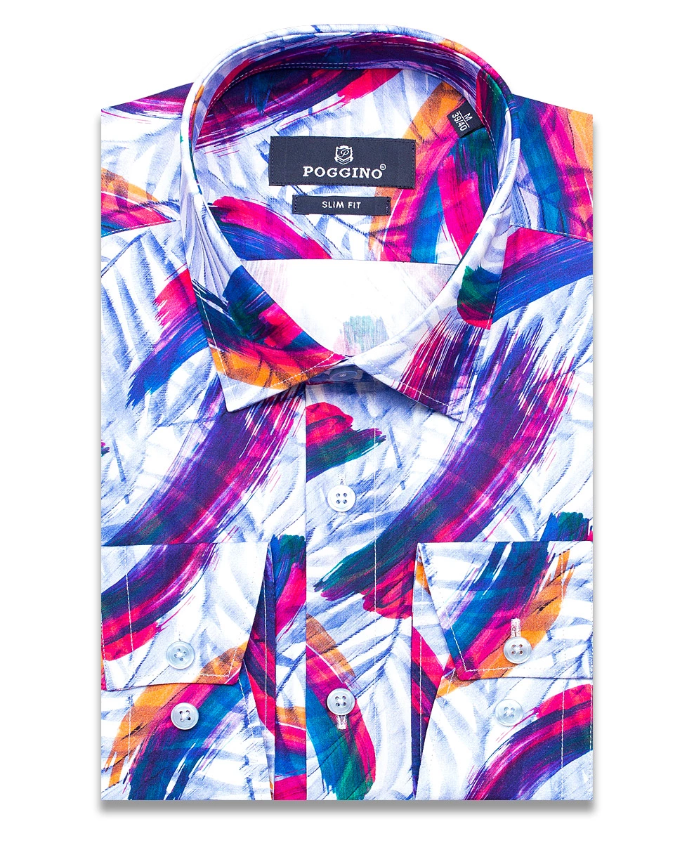 Разноцветная приталенная мужская рубашка Poggino 5010-07 в абстракции с длинными рукавами
