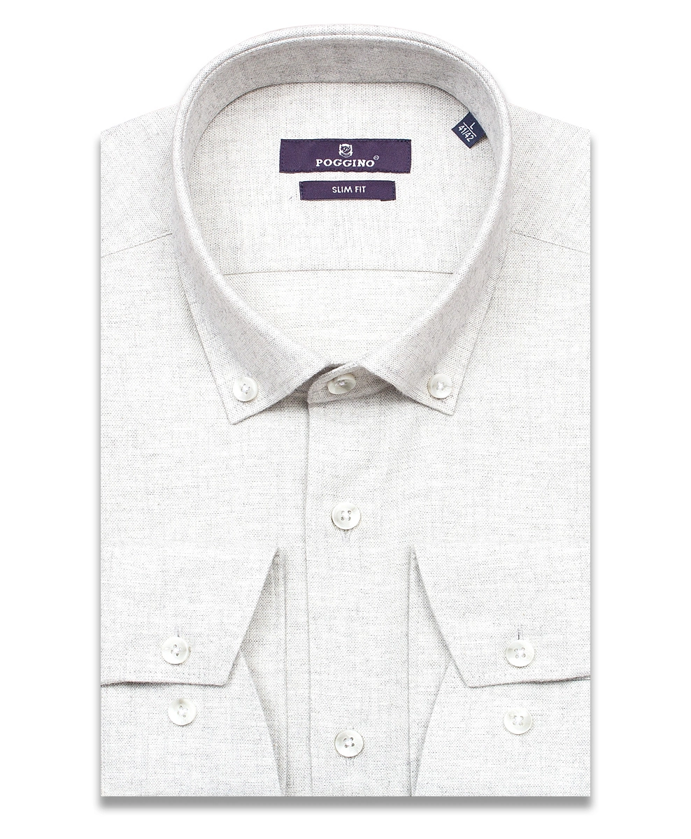 Байковая светло-серая приталенная мужская рубашка меланж Poggino 7014-21 с длинным рукавом