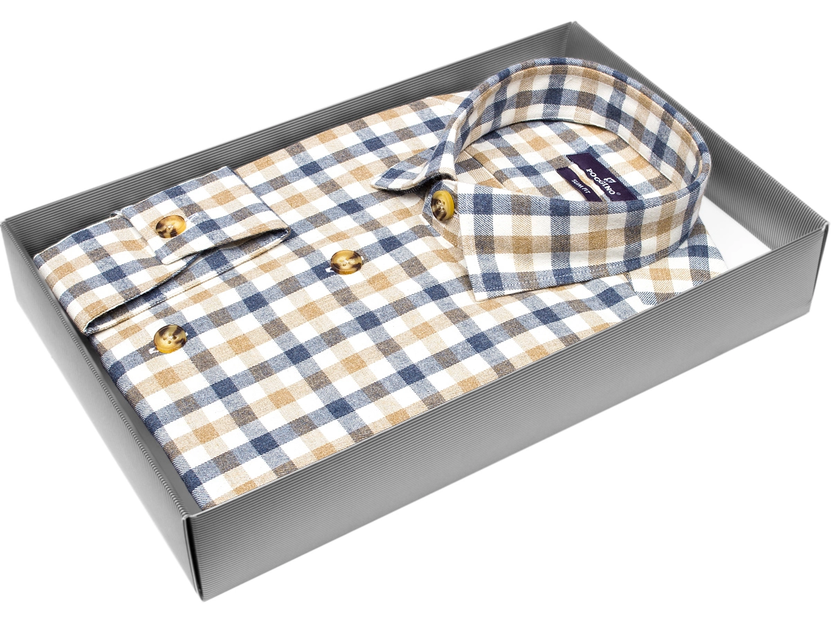 Брендовая мужская рубашка Poggino 7014-48 силуэт приталенный стиль casual цвет бежевый в клетку 100% хлопок