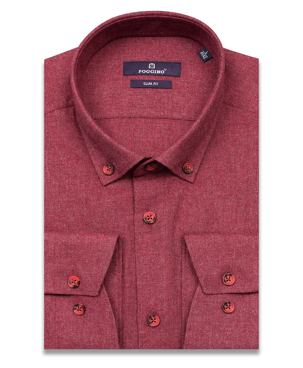 Байковая бордовая приталенная мужская рубашка меланж Poggino 7014-15 с длинными рукавами