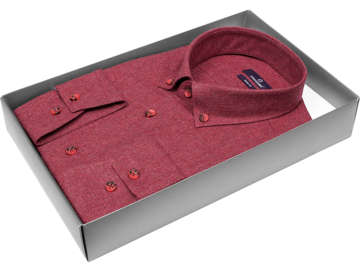 Теплая мужская рубашка Poggino 7014-15 рукав длинный силуэт приталенный стиль casual цвет бордовый меланж 100% хлопок