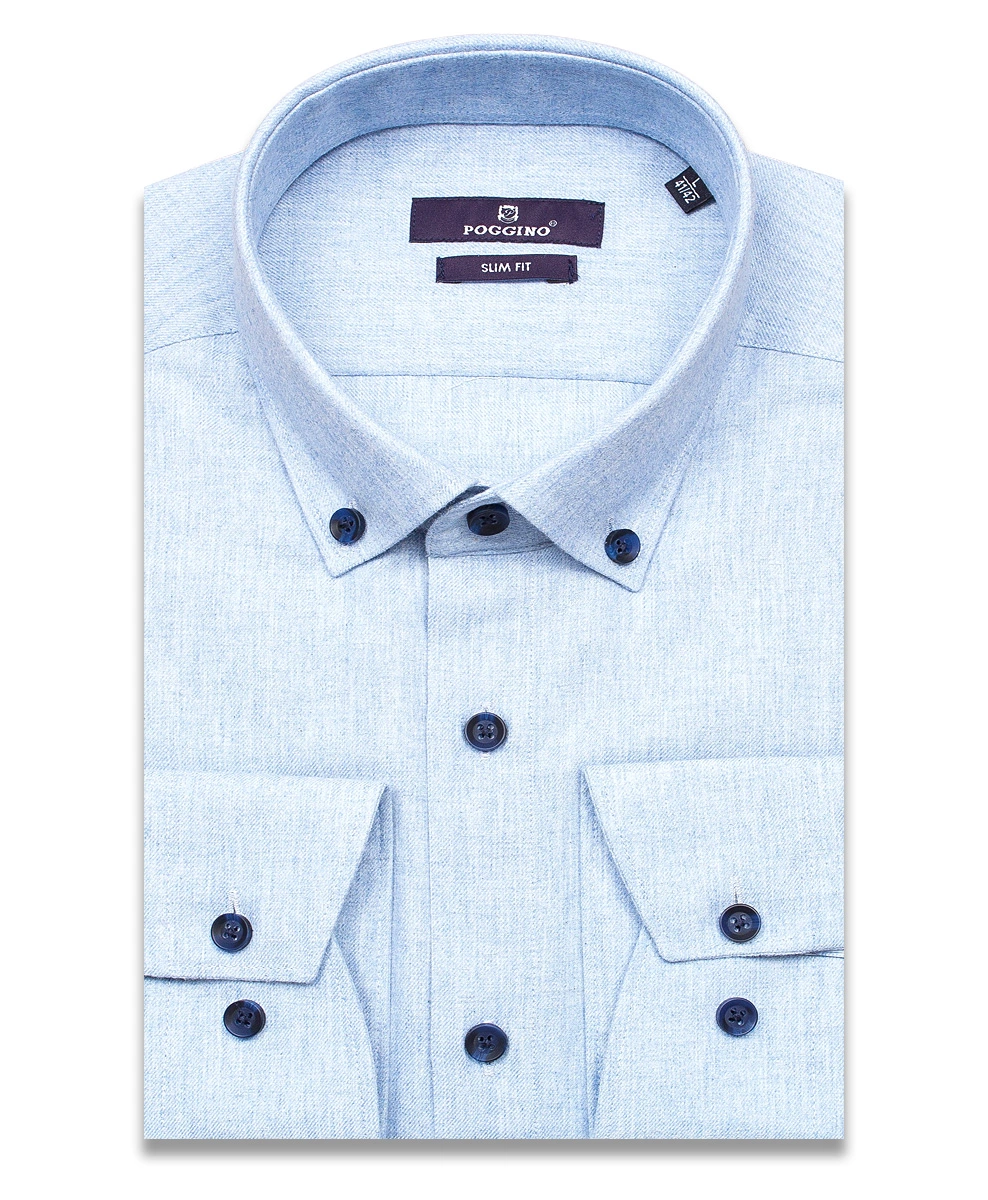 Байковая голубая приталенная мужская рубашка Poggino 7014-17 меланж с длинными рукавами