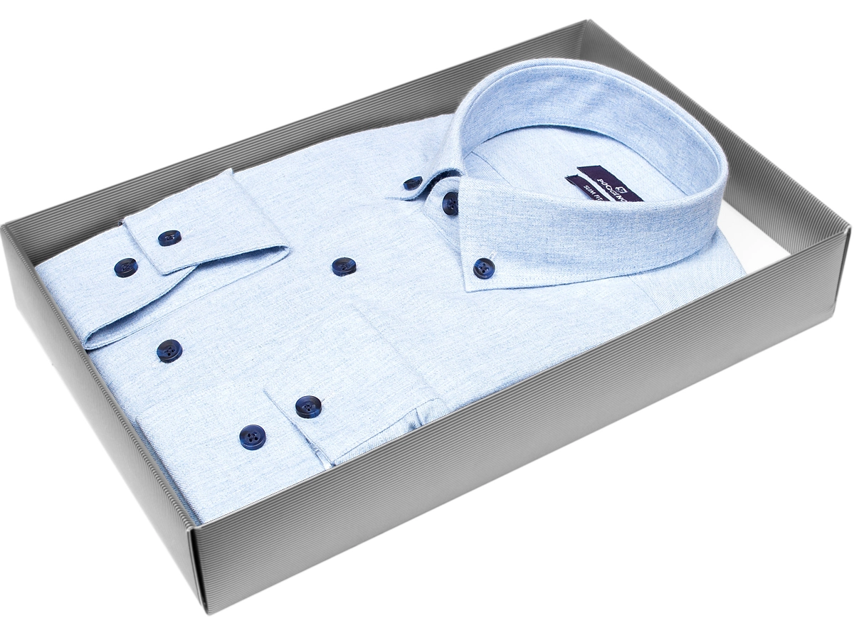 Модная молодежная рубашка Poggino 7014-17 рукав длинный силуэт приталенный стиль casual цвет голубой меланж 100% хлопок