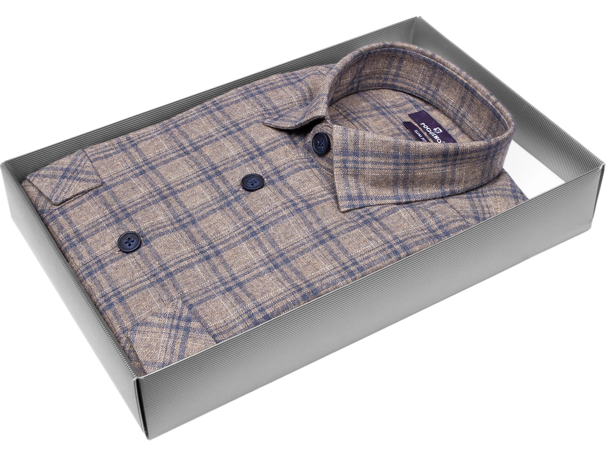 Байковая коричневая приталенная мужская рубашка Poggino 7014-18 в клетку с длинными рукавами купить в Москве недорого