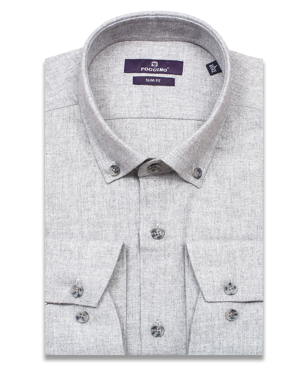 Байковая серая приталенная мужская рубашка меланж Poggino 7014-16 с длинным рукавом
