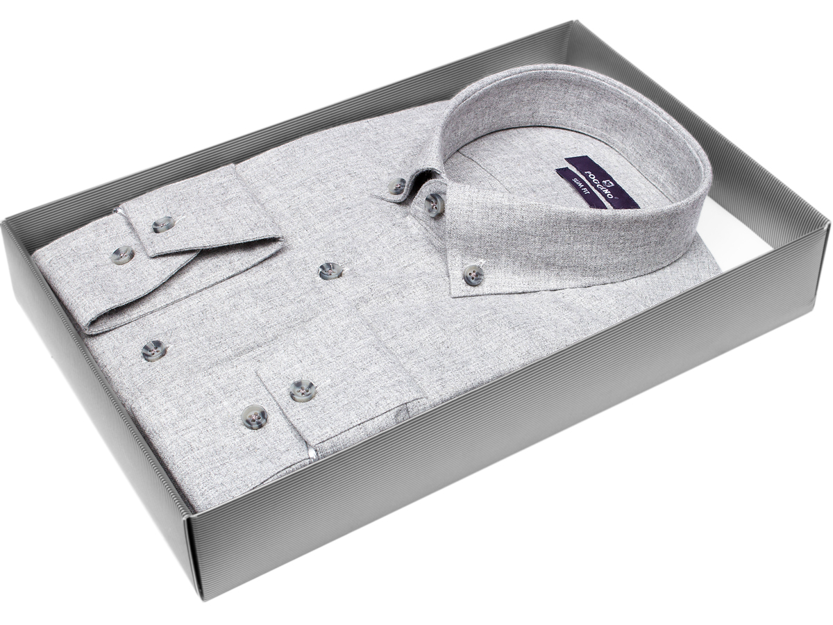 Теплая мужская рубашка Poggino 7014-16 рукав длинный силуэт приталенный стиль casual цвет серый меланж 100% хлопок