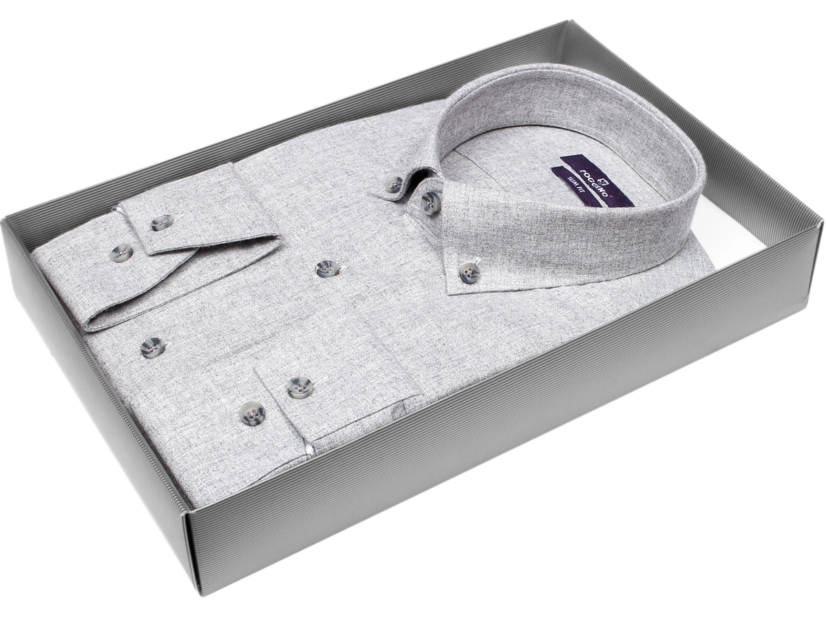 Модная мужская рубашка Poggino 7014-16 силуэт приталенный стиль casual цвет серый меланж 100% хлопок