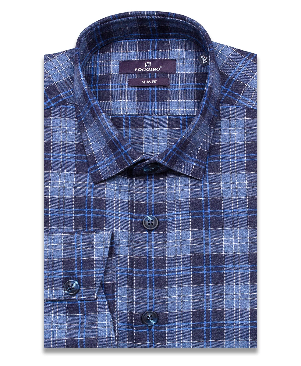 Байковая синяя приталенная мужская рубашка Poggino 7014-49 в клетку с длинными рукавами
