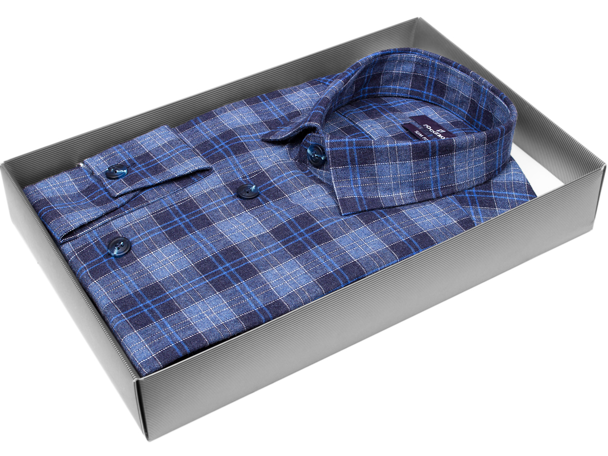Байковая синяя приталенная мужская рубашка Poggino 7014-49 в клетку с длинными рукавами купить в Москве недорого