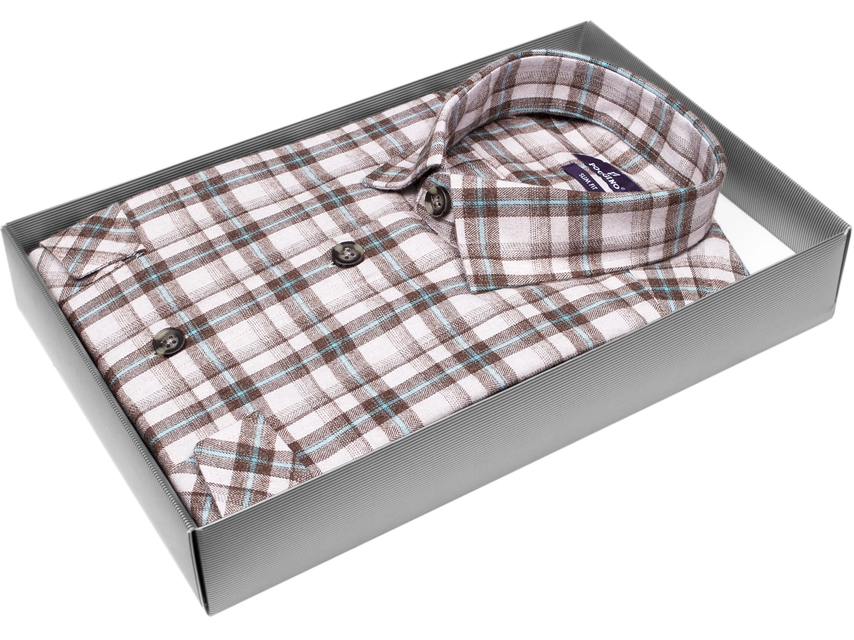 Стильная мужская рубашка Poggino 7014-20 силуэт приталенный стиль casual цвет бежевый в клетку 100% хлопок