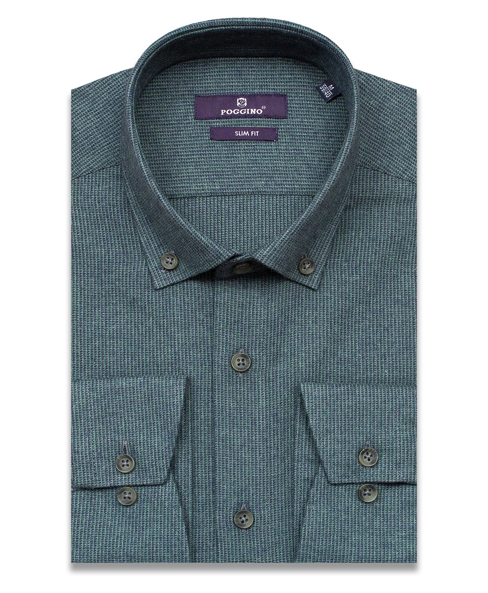Байковая зеленая приталенная мужская рубашка меланж Poggino 7014-09 с длинным рукавом
