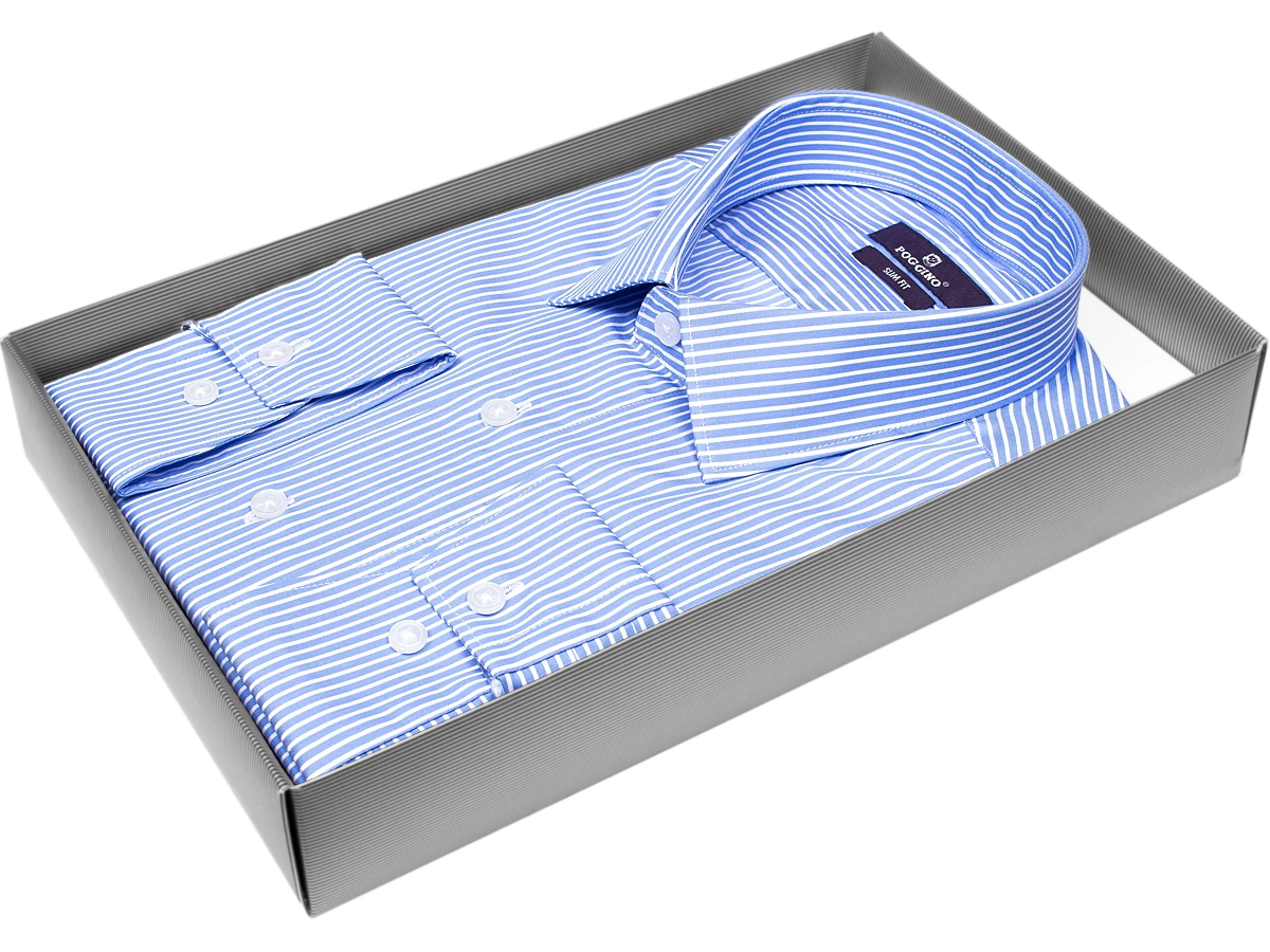 Голубая приталенная мужская рубашка Poggino 7013-82 в полоску с длинными рукавами купить в Москве недорого