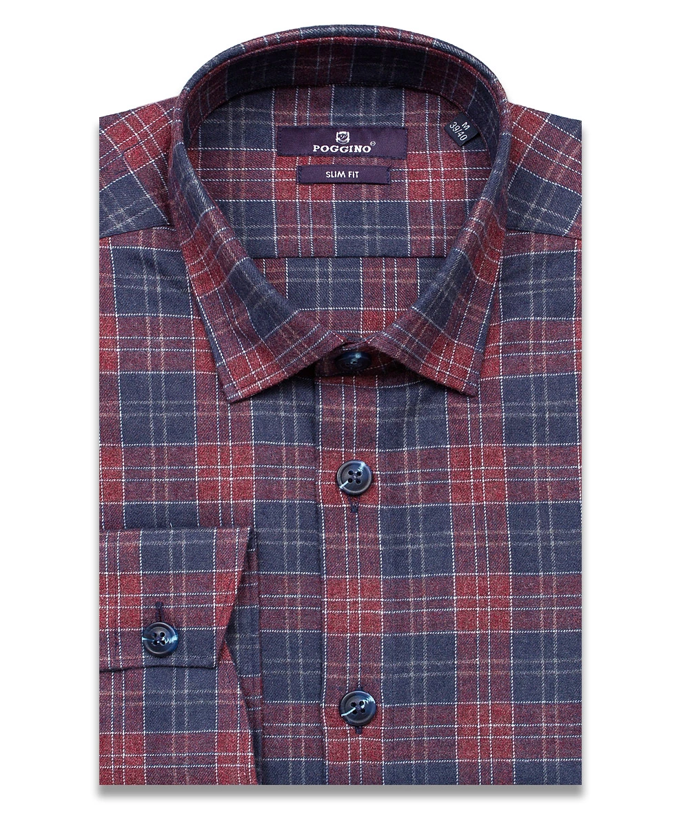 Байковая бордовая приталенная мужская рубашка Poggino 7014-50 в клетку с длинными рукавами