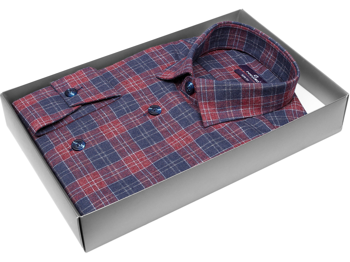 Теплая мужская рубашка Poggino 7014-50 рукав длинный силуэт приталенный стиль casual цвет бордовый в клетку 100% хлопок
