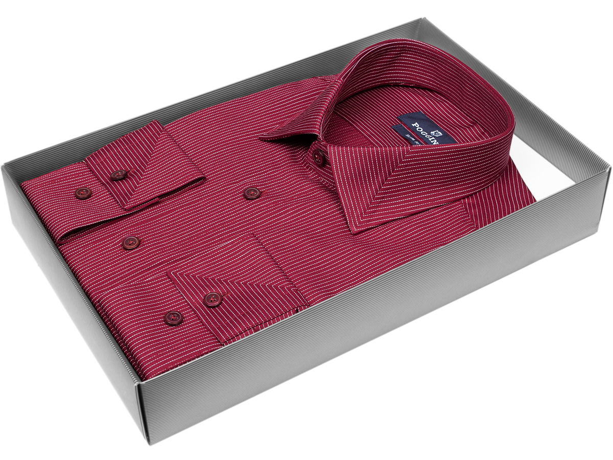 Бордовая приталенная мужская рубашка Poggino 5010-52 в полоску с длинными рукавами купить в Москве недорого