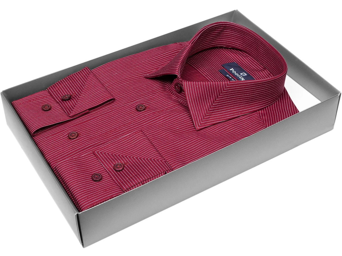 Стильная мужская рубашка Poggino 5010-52 рукав длинный силуэт приталенный стиль классический цвет бордовый в полоску 100% хлопок