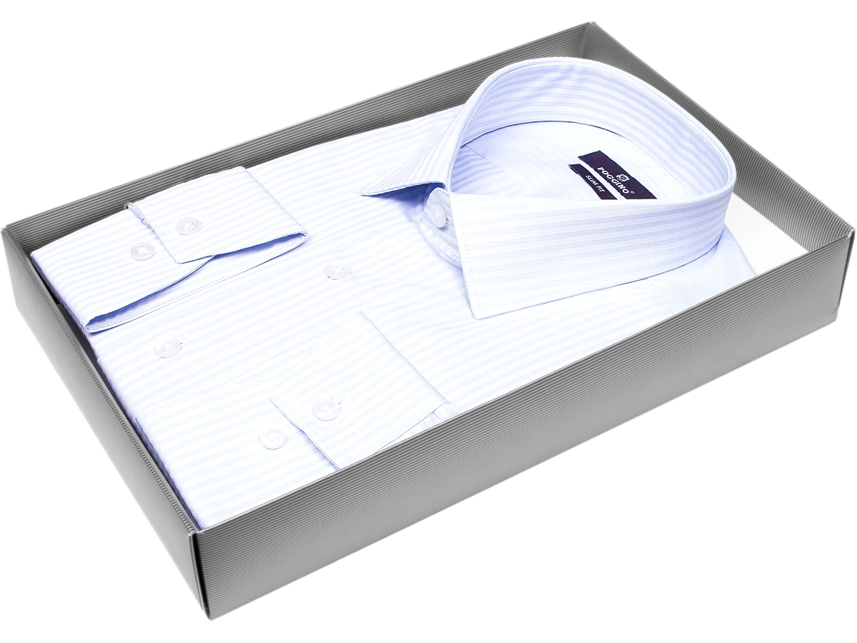 Голубая приталенная мужская рубашка Poggino 7013-88 в полоску с длинными рукавами