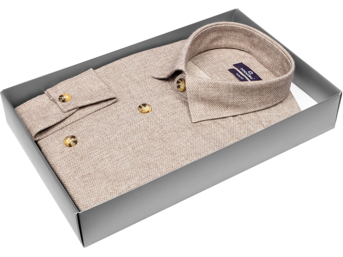 Удобная мужская рубашка Poggino 7014-51 рукав длинный силуэт приталенный стиль casual цвет бежевый меланж 100% хлопок