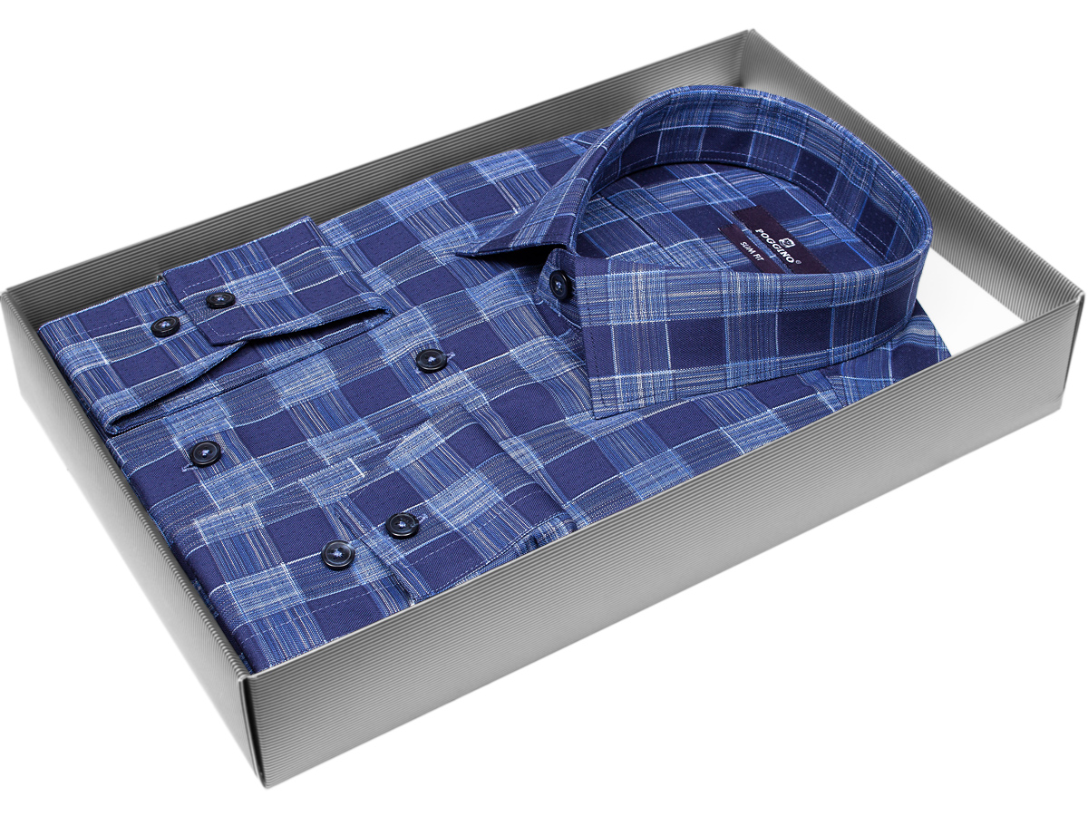 Темно-синяя приталенная мужская рубашка Poggino 7013-73 в клетку с длинными рукавами купить в Москве недорого