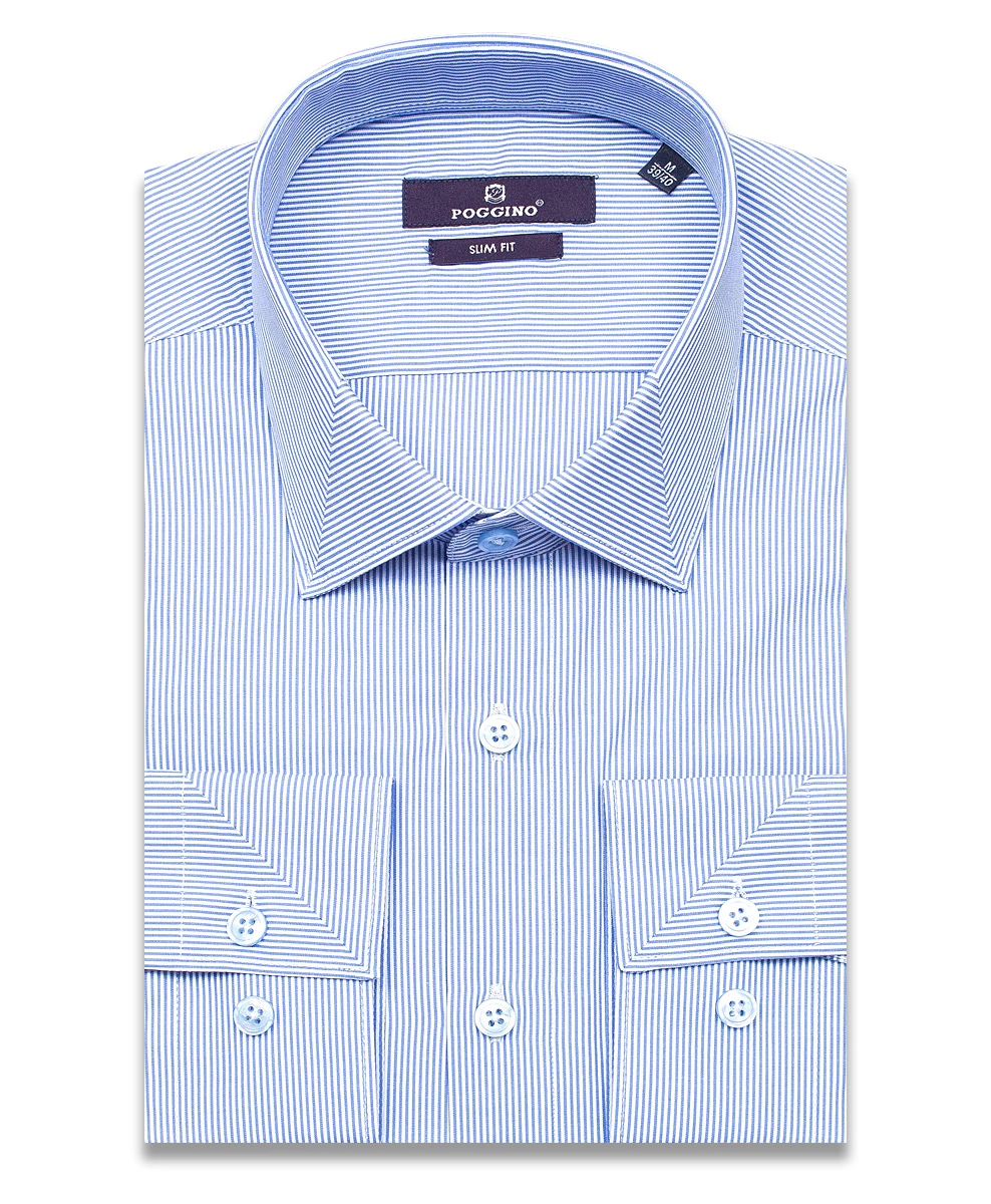 Голубая приталенная мужская рубашка Poggino 7013-62 в полоску с длинными рукавами