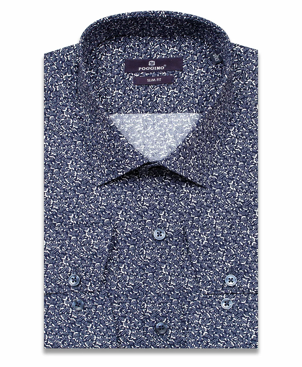 Темно-синяя приталенная мужская рубашка Poggino 7013-107 в цветочек с длинными рукавами