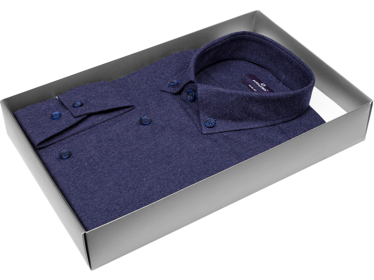 Байковая темно-синяя приталенная мужская рубашка меланж с длинным рукавом