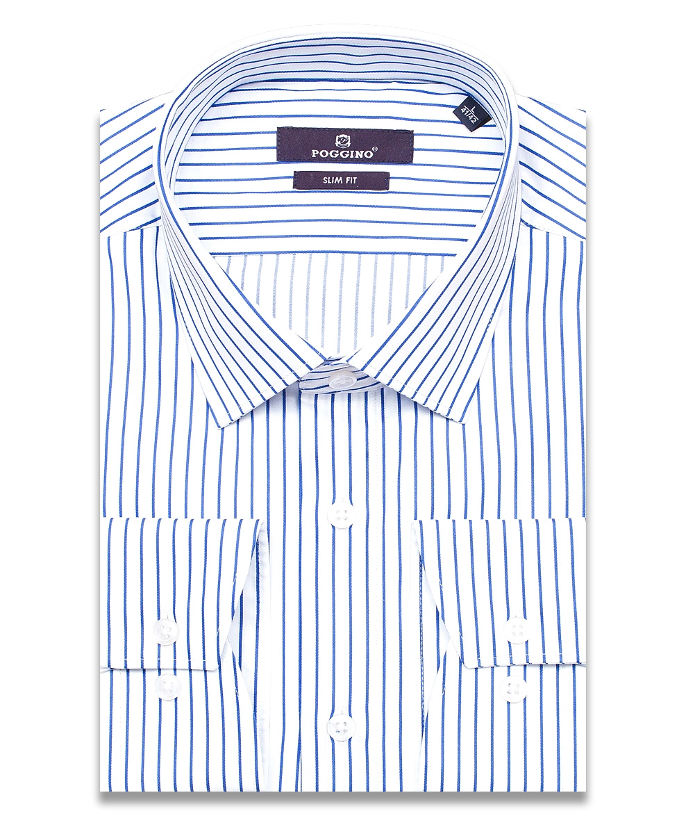 Белая приталенная мужская рубашка Poggino 7013-95 в полоску с длинными рукавами
