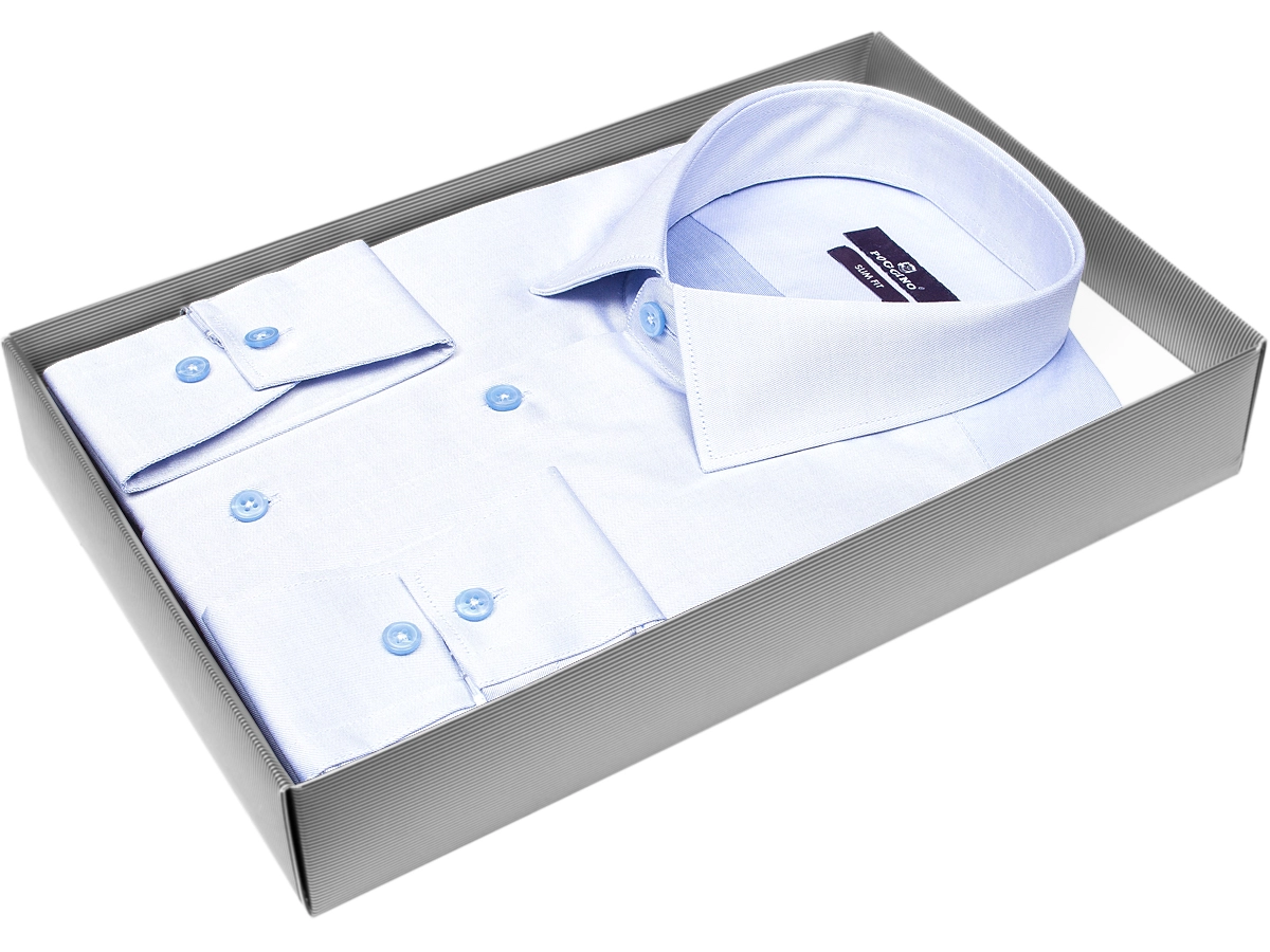 Стильная мужская рубашка Poggino 7013-91 силуэт приталенный стиль классический цвет голубой однотонный 100% хлопок
