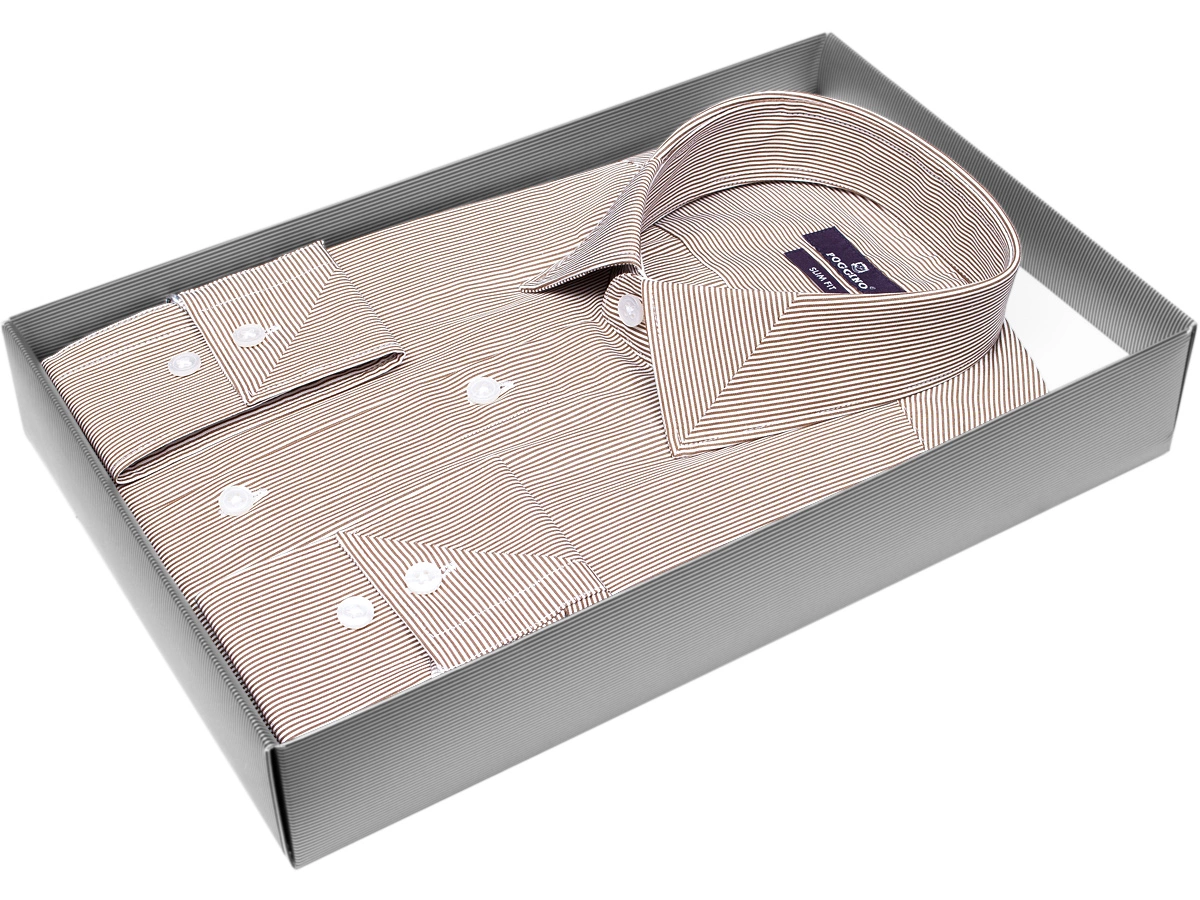 Коричневая приталенная мужская рубашка Poggino 7013-61 в полоску с длинными рукавами купить в Москве недорого