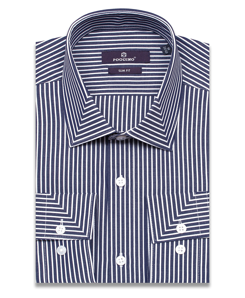 Темно-синяя приталенная мужская рубашка Poggino 7013-63 в полоску с длинными рукавами