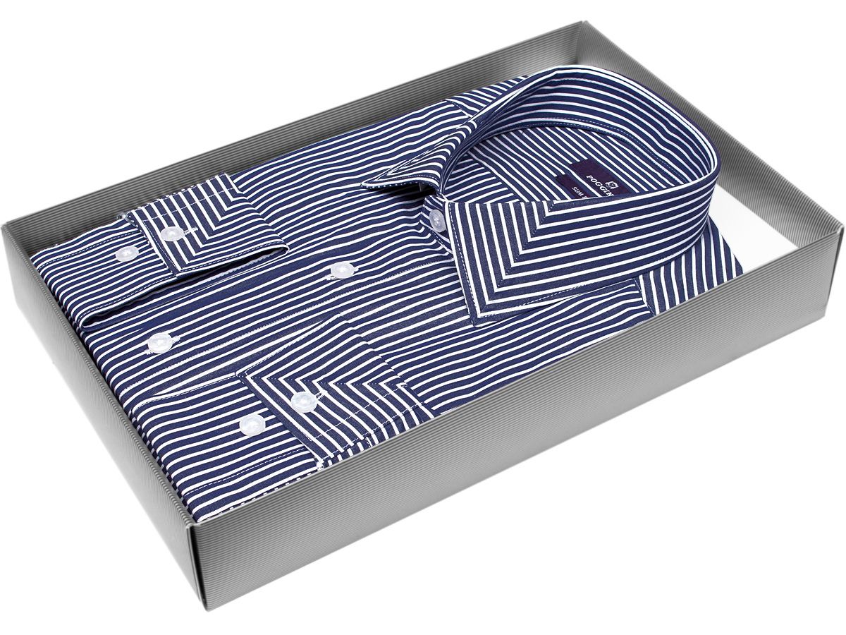 Темно-синяя приталенная мужская рубашка Poggino 7013-63 в полоску с длинными рукавами купить в Москве недорого