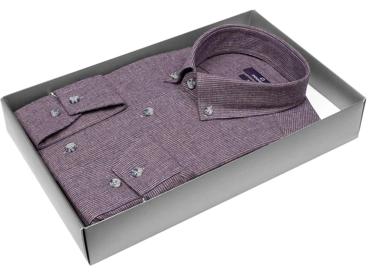 Модная мужская рубашка Poggino 7014-07 силуэт приталенный стиль casual цвет пурпурно-серый в полоску 100% хлопок