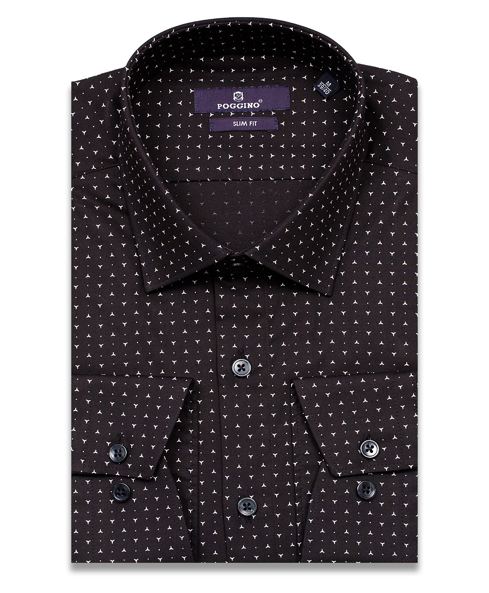 Черная приталенная мужская рубашка Poggino 7013-14 в узорах с длинными рукавами